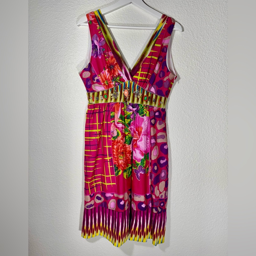 Forla Paris Sleeveless V-Neck KneeLength Dress Pink Floral Print Beaded Waist